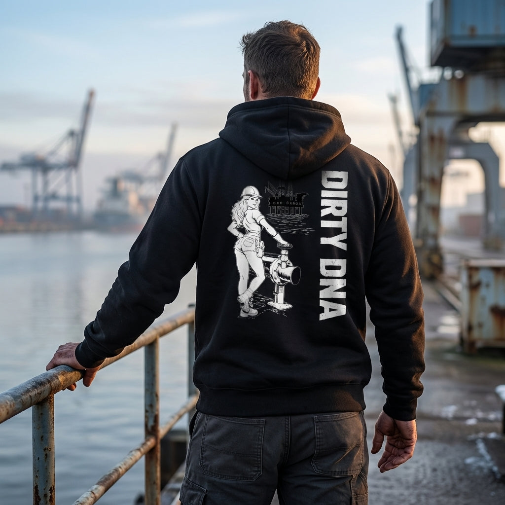 Model wearing the Dirty DNA Oil Rig Girl Hoodie, back view