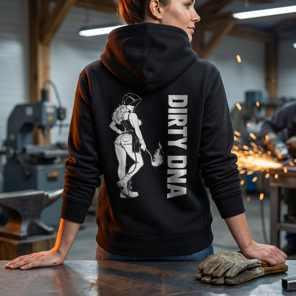 Model wearing the Dirty DNA Welding Girl Hoodie, back view