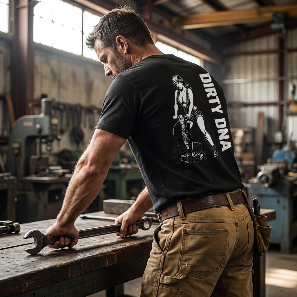 Model wearing the Dirty DNA Construction Girl T-Shirt, back view