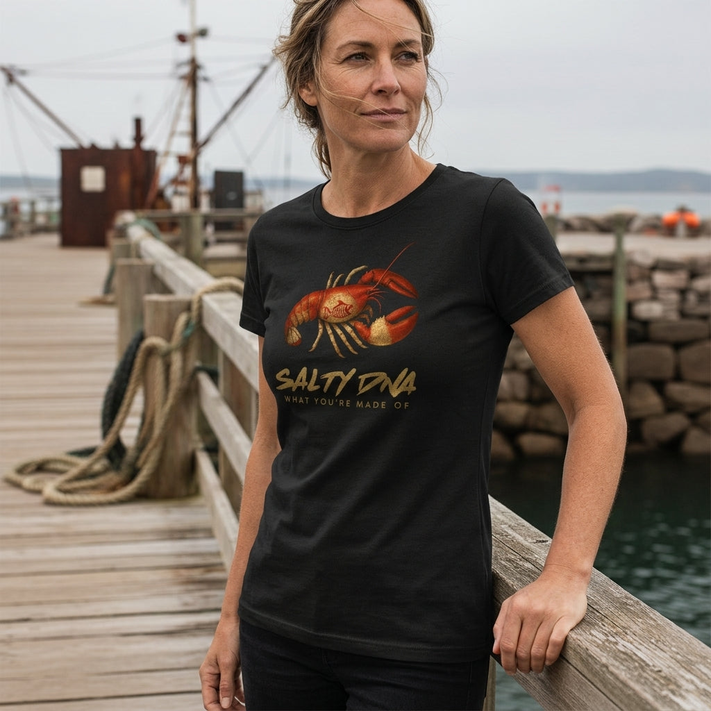 Woman wearing a black Salty Species lobster T-shirt on a wharf