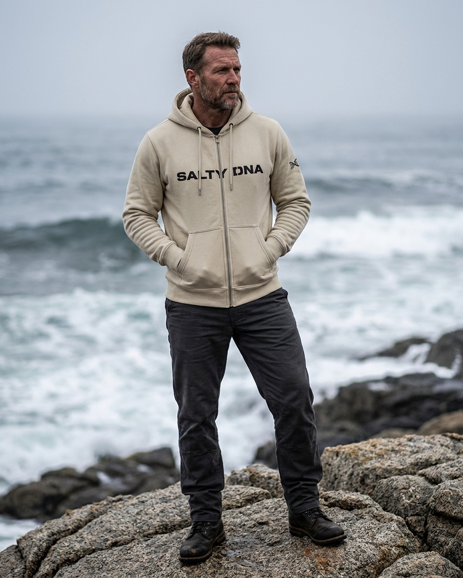 Man wearing a sand Salty DNA Originals zip-up hoodie on a rocky coast