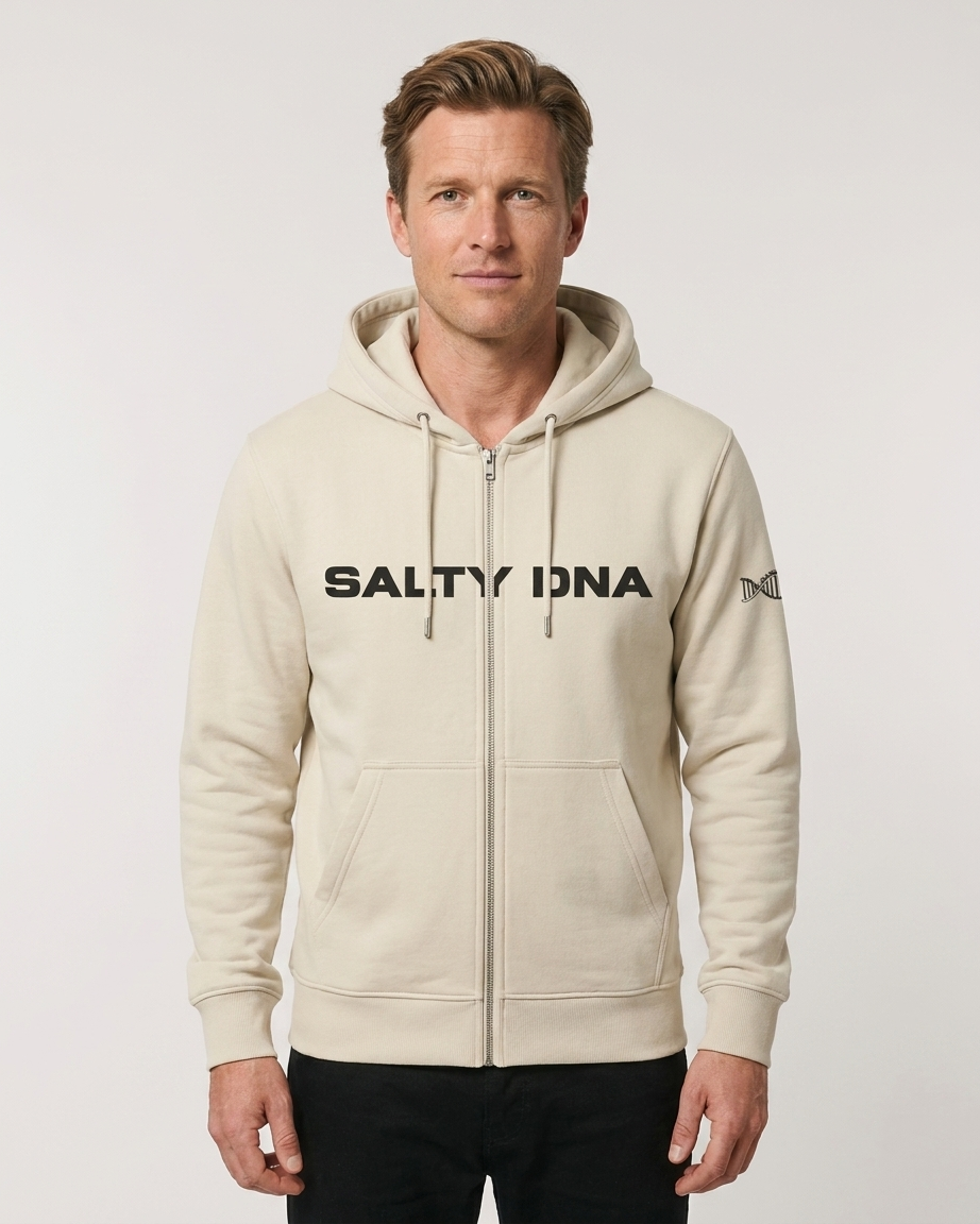 Man wearing a sand Salty DNA Originals zip-up hoodie, front view