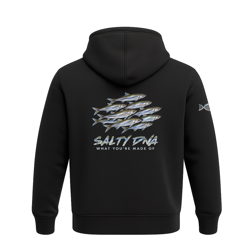 Back of black Salty Species Capelin hoodie with capelin artwork and Salty DNA lettering