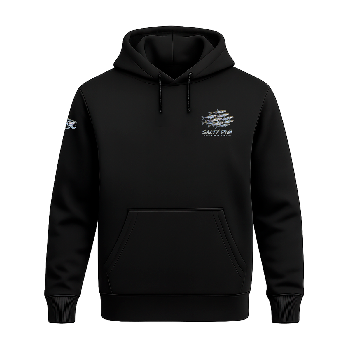 Front of black Salty Species Capelin hoodie with small chest graphic