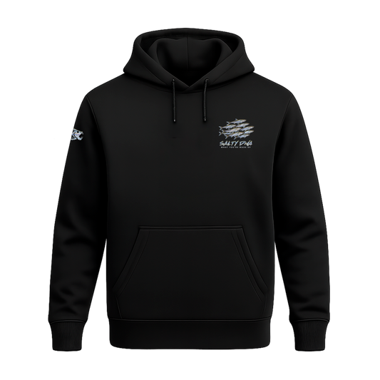 Front of black Salty Species Capelin hoodie with small chest graphic
