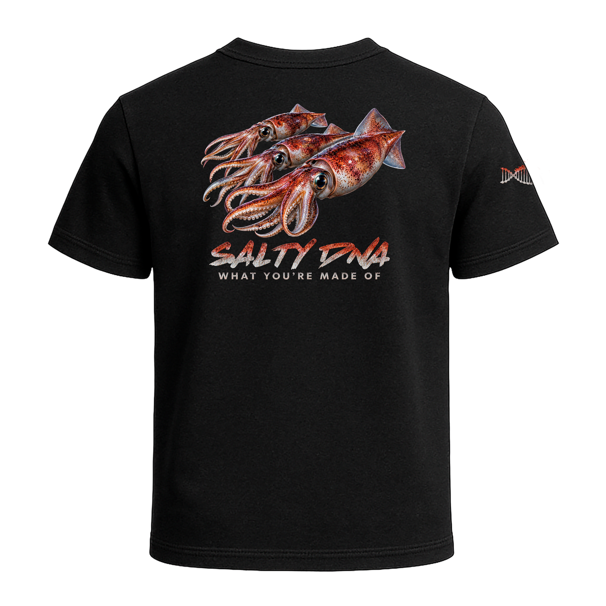 Back of black Salty Species Squid T-shirt with squid artwork and Salty DNA lettering
