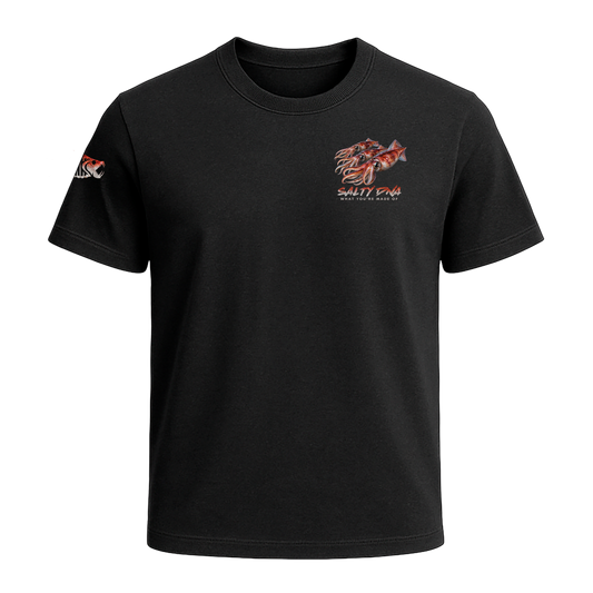 Front of black Salty Species Squid T-shirt with small chest graphic