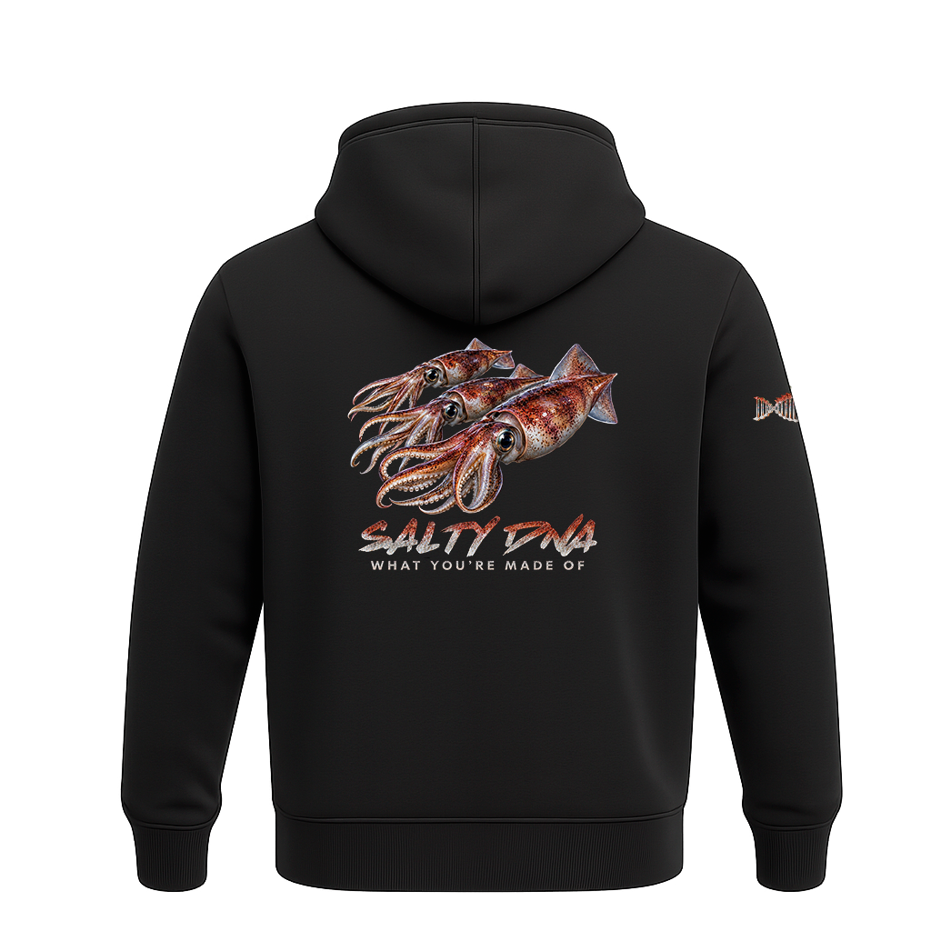 Back of black Salty Species Squid hoodie with squid artwork and Salty DNA lettering
