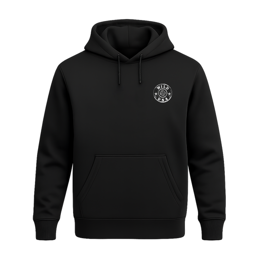 Front of black Wild DNA Caribou Hoodie with small chest logo