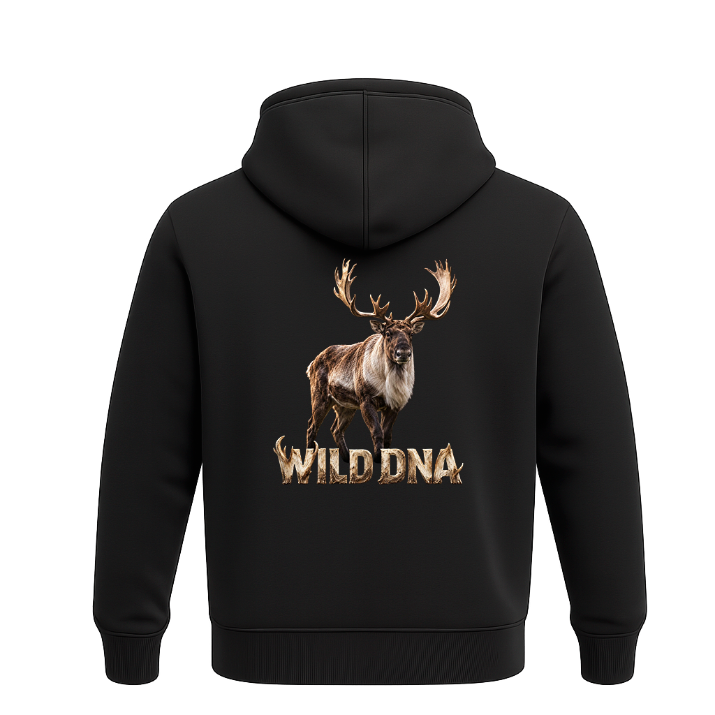Back of black Wild DNA hoodie with a large caribou and Wild DNA graphic