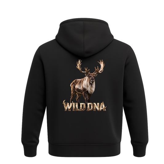 Back of black Wild DNA hoodie with a large caribou and Wild DNA graphic