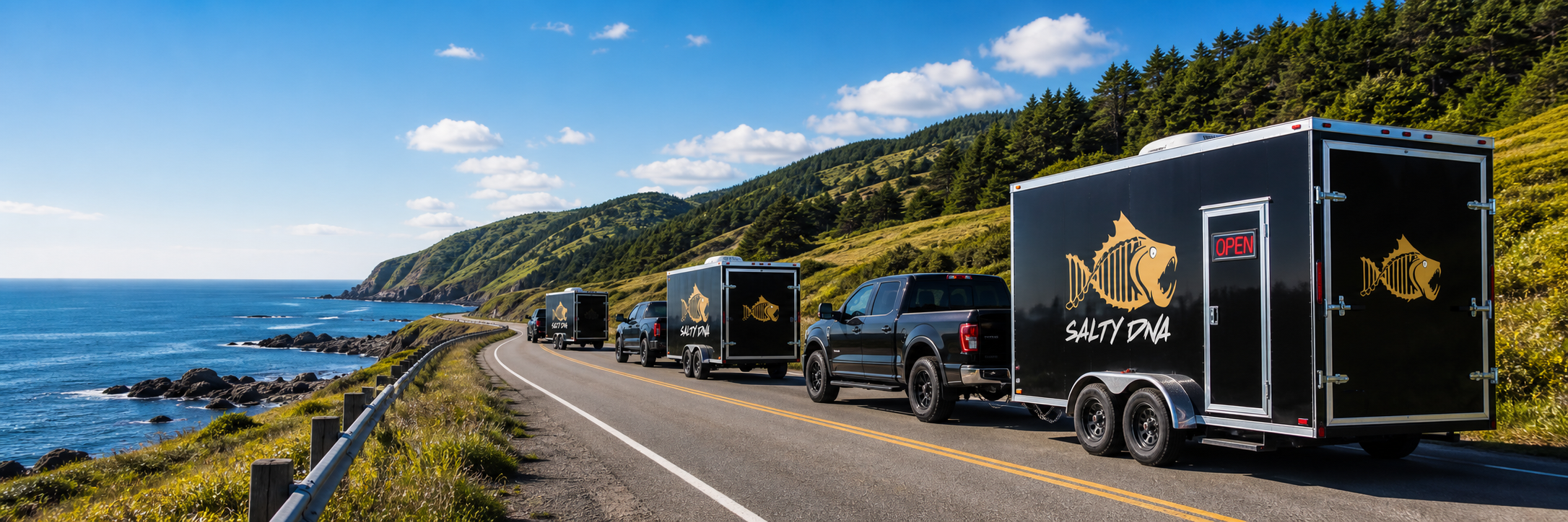 Salty DNA trailer shops being towed along a coastal road