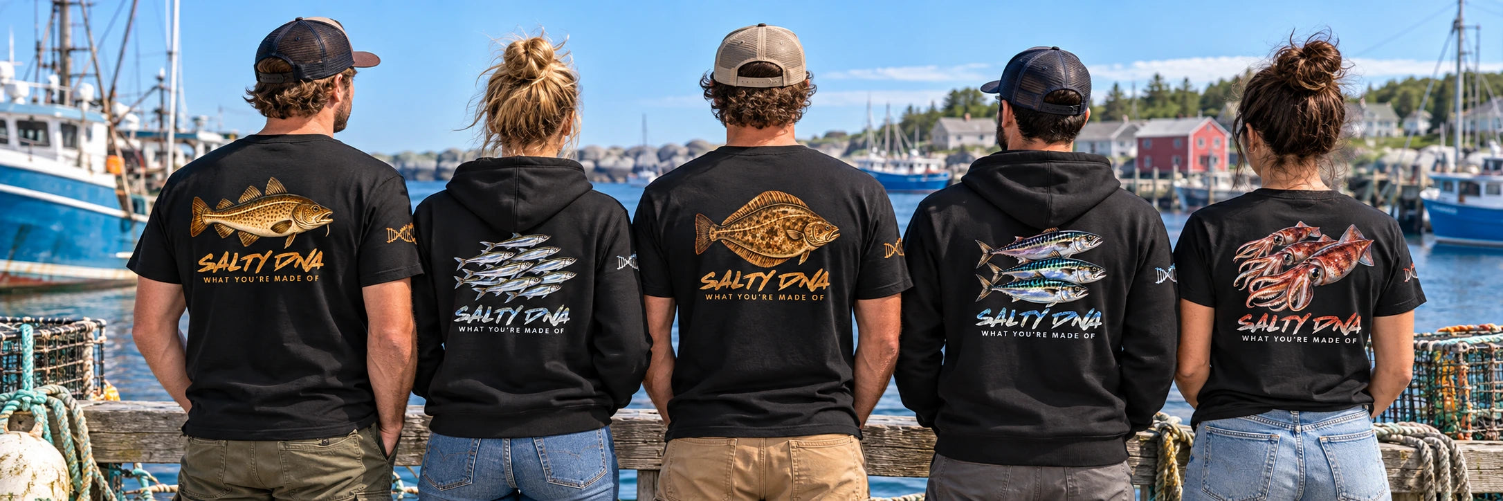 Five people wearing black Salty Species T-shirts and hoodies featuring Cod, Capelin, Halibut, Mackerel and Squid back artwork at the harbour