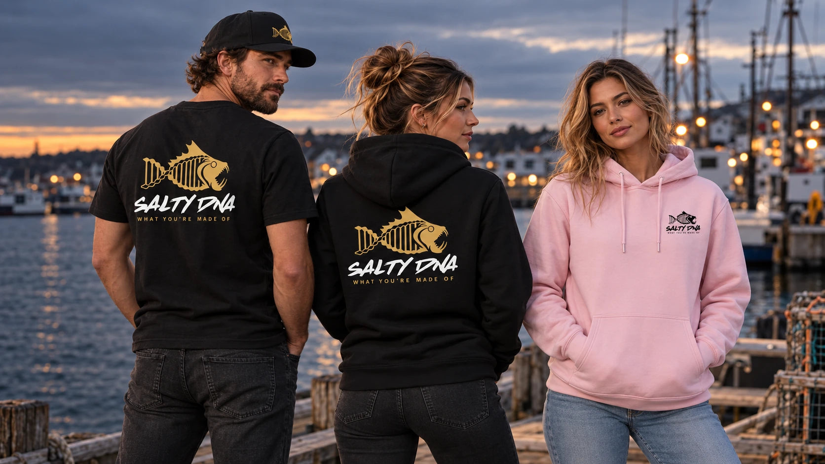 Three people wearing Salty DNA Originals: a black cap and T-shirt, a black hoodie and a pink hoodie at a coastal harbour.