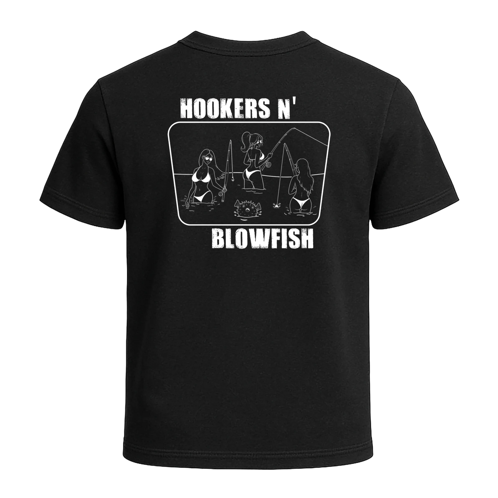 Black t-shirt with Hookers N' Blowfish Salty Girls back print