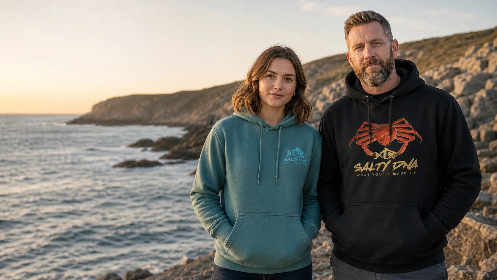 Two friends wearing Salty DNA Vintage and Snow Crab hoodies on a rocky Atlantic coastline