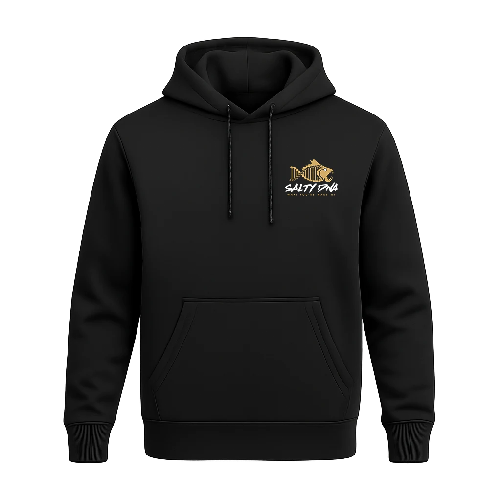 Black Salty DNA hoodie front with gold fish logo